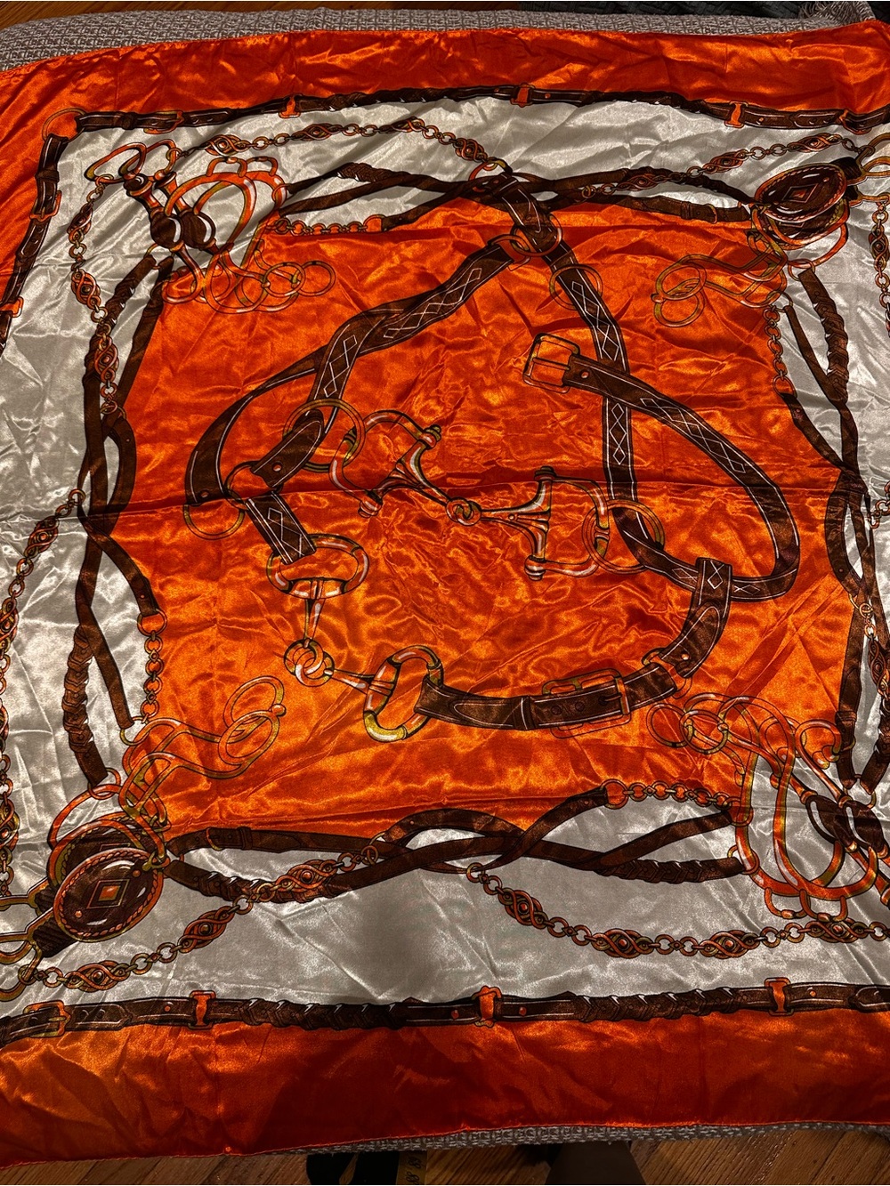 Silk-Feel Orange Equestrian Print Scarf - Women's Accessory